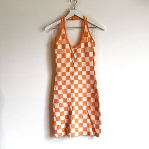 NWT Just Polly Knit Orange White Checkered Plunge Halter V Neck Mini Dress